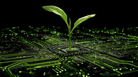 A vibrant plant sprouts from a circuit board, symbolizing the fusion of technology and nature. This image captures the essence of growth amidst digital innovation.の素材