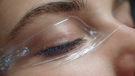 This close-up photo captures a serene eye adorned with protective eyewear, highlighting delicate eyelashes and smooth skin texture, representing beauty and wellness.の素材