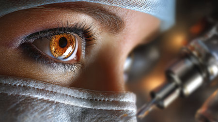 This striking close-up image captures the intricate details of an eye during a medical procedure, showcasing the blend of healthcare and technology in a clinical setting.の素材