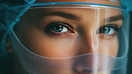 This striking close-up image features a healthcare worker wearing a protective face shield and surgical cap, emphasizing safety and dedication in a clinical environment.の素材