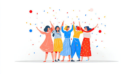 A vibrant illustration depicting a group of diverse women celebrating joyfully together. Their raised hands and colorful attire represent a festive atmosphere filled with happiness and friendship.の素材