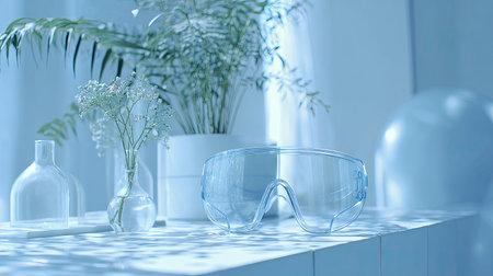 A pair of transparent protective goggles rest on a sleek surface, complemented by graceful plants and elegant glass decor, evoking a serene and modern atmosphere.の素材