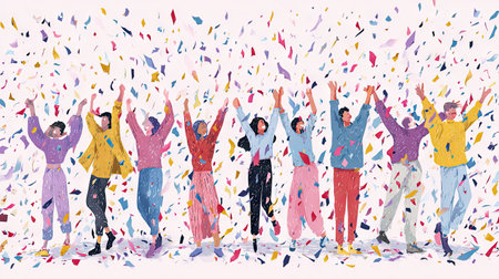 A vibrant scene showcasing a group of people joyfully celebrating with colorful confetti, radiating happiness, excitement, and togetherness in a festive atmosphere.の素材