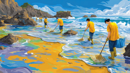 A vibrant scene capturing volunteers engaged in a beach cleanup, showcasing their dedication to restoring the coastal environment while promoting community awareness.の素材