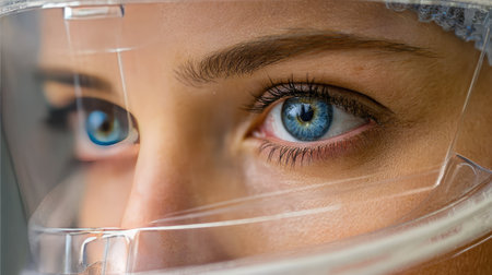 A stunning close-up view of a woman's vibrant blue eyes, clearly focused and framed by a protective face shield, showcasing dedication and professionalism.の素材