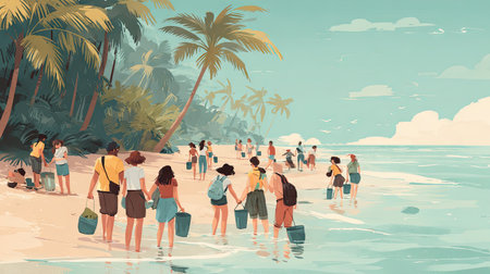 A vibrant scene depicting a diverse group of volunteers engaged in a beach cleanup, focusing on environmental awareness and community spirit.の素材