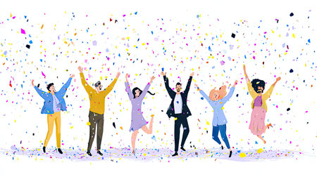 A lively illustration showcasing a diverse group of people joyfully celebrating with colorful confetti. This vibrant image captures happiness and unity.の素材