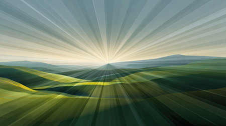 This stunning abstract landscape features vibrant green hills illuminated by rays of light at dawn, creating a serene and inspiring atmosphere.の素材