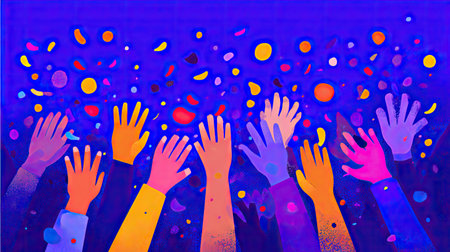 A lively illustration showing a multitude of hands reaching up in celebration, set against a vibrant purple backdrop filled with colorful confetti, symbolizing joy and unity during a festive moment.の素材