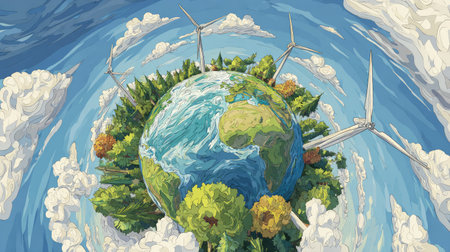 This captivating illustration showcases a lush world united by wind turbines and vibrant nature under a bright sky, highlighting the importance of renewable energy.の素材