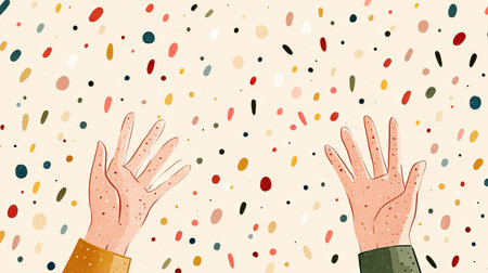 This vibrant illustration features two hands reaching upward against a lively confetti backdrop. Perfect for themes of celebration, creativity, and joy.の素材
