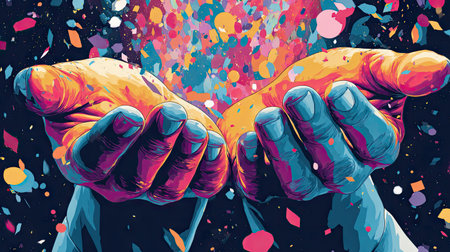 This captivating image features colorful hands releasing vibrant particles, symbolizing creativity and inspiration. It reflects the dynamic nature of artistic expression.の素材