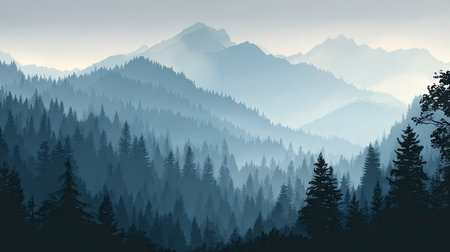 A breathtaking landscape capturing misty mountains surrounded by dense forests in soft blue hues. Ideal for nature lovers and outdoor enthusiasts.の素材
