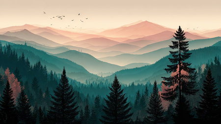 A breathtaking forest landscape showcasing layered mountains illuminated by soft morning light, creating a tranquil and serene atmosphere perfect for nature lovers.の素材