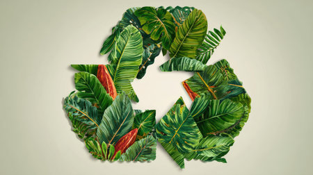This artistic representation features lush green leaves intricately arranged to form a recycling symbol, embodying eco-friendly ideals and sustainability.の素材