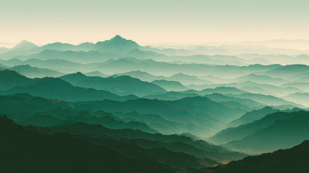 Stunning mountain landscape featuring layers of fog and mist in soft colors at sunrise. Perfect for nature lovers, travel enthusiasts, and artistic displays.の素材
