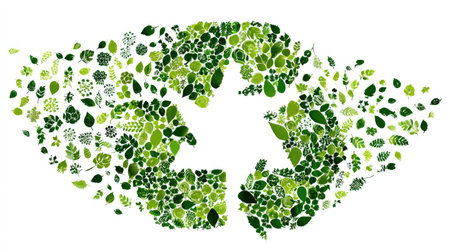 This artistic illustration showcases a vibrant composition of leaves forming a recycling symbol, emphasizing the importance of sustainability and nature conservation.の素材