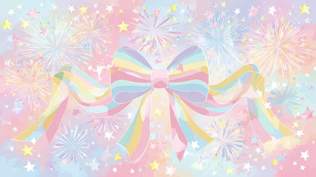 A vibrant pastel background featuring a large decorative bow and colorful fireworks. Ideal for celebratory themes, parties, and joyful events.の素材