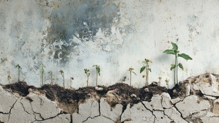 An inspiring image illustrating the emergence of green plant sprouts from dry, cracked earth, showcasing resilience and the beauty of life against a textured, weathered wall.の素材