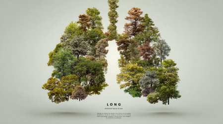 This captivating artwork showcases a pair of lungs formed by diverse trees, illustrating the vital connection between nature and human health, symbolizing our need for clean air and environmental balance.の素材