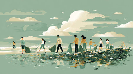 A diverse group of individuals gathered on the beach, actively engaged in cleaning up trash and waste to protect the coastal environment and marine ecosystem.の素材