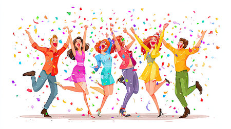 A vibrant illustration depicting a group of joyful friends celebrating together. They are dancing and cheering with colorful confetti, embodying a festive spirit of happiness and togetherness.の素材