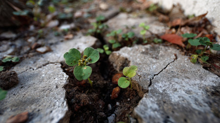 This image captures a vibrant green plant emerging from cracked concrete, symbolizing resilience and the beauty of nature in urban settings.の素材