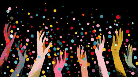This vibrant illustration features colorful hands reaching upwards amidst a flurry of confetti, symbolizing celebration, joy, and diversity in a modern artistic style.の素材