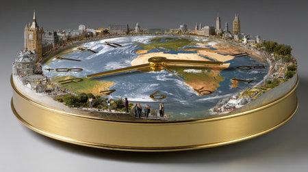 This stunning artwork combines a clock with intricate details of world landmarks, showcasing a unique blend of geography and time, perfect for creative projects.の素材
