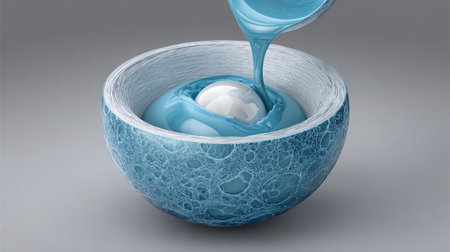 A visually captivating scene featuring a blue liquid cascading into a beautifully textured bowl. The vibrant colors and dynamic flow create a striking composition perfect for artistic projects or modern design themes.の素材