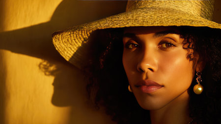 A serene portrait of a young woman wearing a straw hat, showcasing soft lighting and natural beauty. The warm tones and gentle shadows create an inviting atmosphere.の素材
