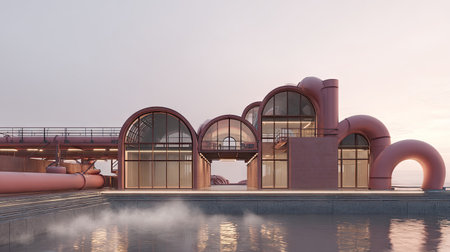A stunning modern architectural structure featuring unique arches and a vibrant pink design, set against a serene waterfront at sunset, creating a peaceful atmosphere.の素材