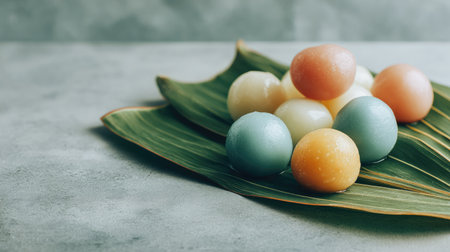 This image features a vibrant assortment of colorful decorative eggs placed on a lush green leaf, ideal for seasonal celebrations and festive occasions.の素材