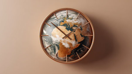 This artistic wall clock features a globe design, depicting Earth in vivid detail surrounded by a minimalistic wooden frame. Perfect for modern decor!の素材