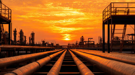Captivating view of an industrial site featuring long pipelines leading towards a vibrant sunset sky, highlighting the beauty of energy production.の素材