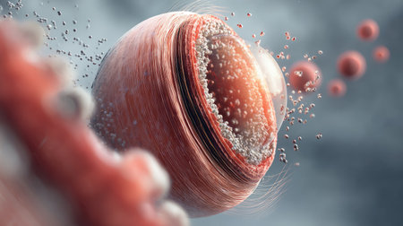 Explore a vibrant abstract illustration of a biological cell structure, capturing the intricate details and dynamic energy of life at a microscopic level.の素材