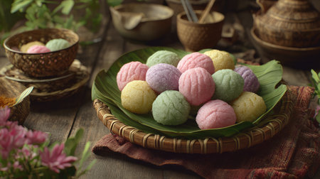 A vibrant display of colorful Japanese wagashi desserts arranged on a leaf plate, surrounded by traditional teaware and fresh flowers, evoking a serene atmosphere.の素材