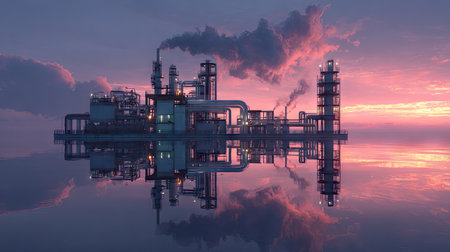 A stunning industrial factory silhouetted against a vibrant sunset, reflecting on calm water. The scene captures machinery and vapor, showcasing technology's beauty in harmony with nature.の素材