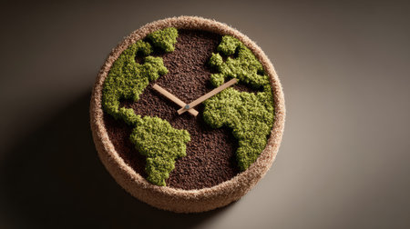 This unique clock features an eco-friendly design with earth represented in lush green moss and rich brown soil, perfect for nature lovers.の素材