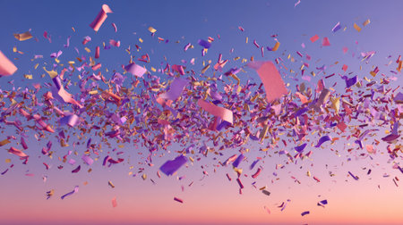 A mesmerizing view of colorful confetti drifting through the air at sunset, this image captures the essence of celebration and joy, perfect for festive themes.の素材