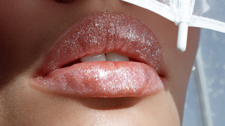 This close-up shot captures stunning sparkling lips enhanced by glossy shine under a sheer umbrella, conveying elegance and beauty in a refined setting.の素材