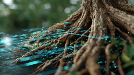 This captivating image features the intertwining roots of a tree, with digital connections visually emerging, symbolizing the synergy between nature and technology.の素材