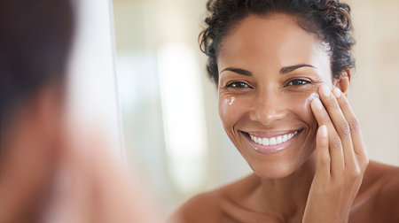 A joyful woman smiles while applying facial cream in front of a mirror, showcasing the importance of skincare and self-care in daily life.の素材