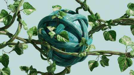 This artistic illustration showcases a blue orb entwined in green vines and vibrant ivy leaves, creating a serene atmosphere that symbolizes growth and harmony.の素材