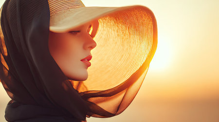 A stunning profile portrait of a woman wearing a large sun hat and scarf, bathed in warm golden light during sunset, creating a serene and elegant atmosphere.の素材