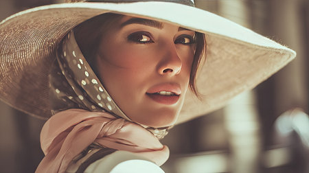 A stunning portrait of a woman wearing a wide-brimmed hat and scarf, capturing her serene expression in gentle sunlight, perfect for fashion and beauty themes.の素材