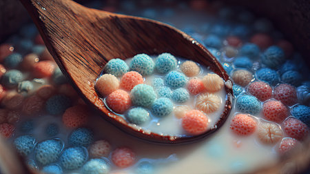Vibrant close-up view of colorful spherical candies nestled in creamy liquid, captured with a wooden spoon, evoking a feeling of playful indulgence.の素材