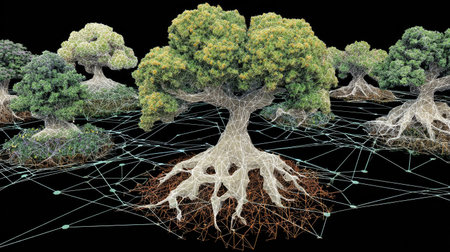 This striking digital artwork features stylized trees with intricate roots, visualized through a network of connected lines against a black backdrop.の素材