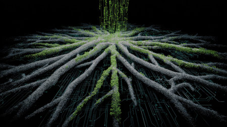 This stunning digital artwork showcases the merging of nature and technology, featuring vivid roots extending into a circuit-like environment.の素材