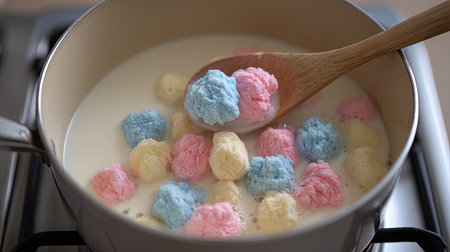A delightful scene capturing colorful sweet treats melting in creamy milk, creating a whimsical dessert preparation experience in a cozy kitchen setting.の素材